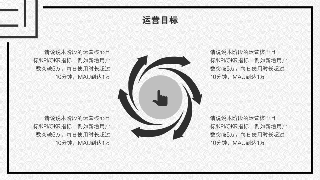 黑白圆圈底纹项目运营方案PPT模版-运营目标