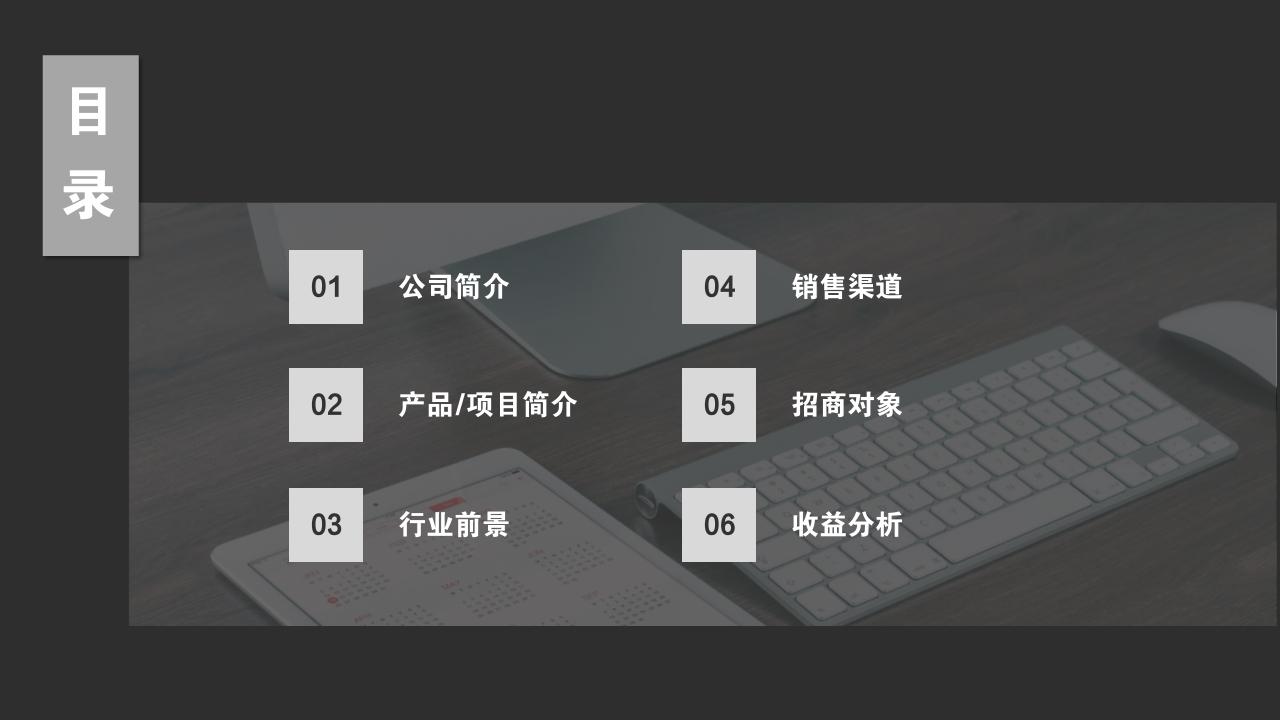 黑白商务办公项目/产品招商说明书PPT模版-目录